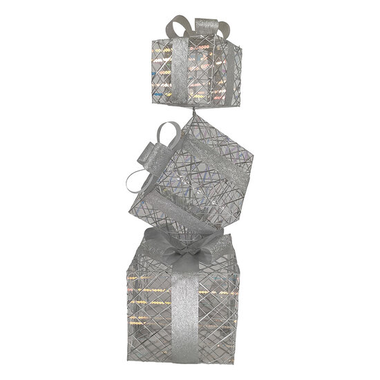 Clayre &amp; Eef | Decoratie van opgestapelde Cadeautjes met LED Zilverkleurig 25x25x97 cm / 3xAA | 50927