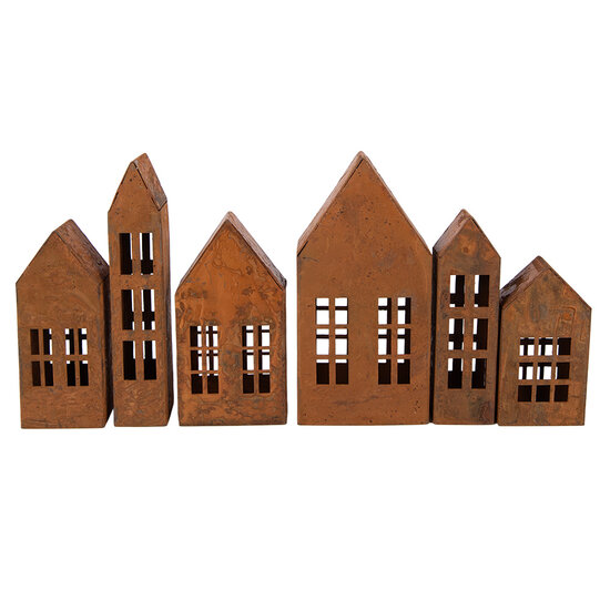 Clayre &amp; Eef | Decoratie Huisjes (set van 6) Bruin 7x3x14 / 3x2x14 / 6x3x11 / 3x3x11 / 5x3x9 / 4x3x11 cm | 6Y6080