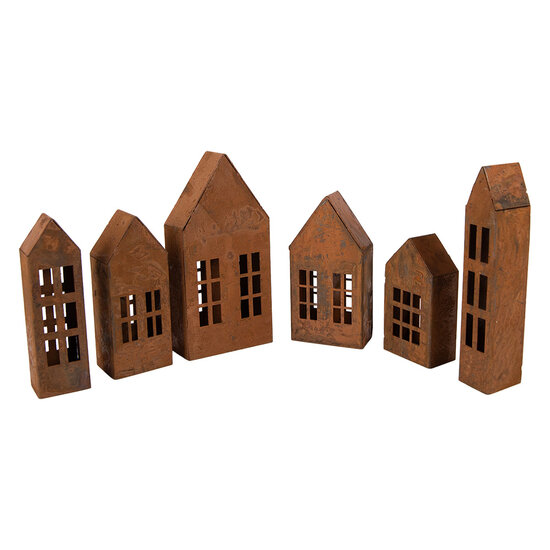 Clayre &amp; Eef | Decoratie Huisjes (set van 6) Bruin 7x3x14 / 3x2x14 / 6x3x11 / 3x3x11 / 5x3x9 / 4x3x11 cm | 6Y6080