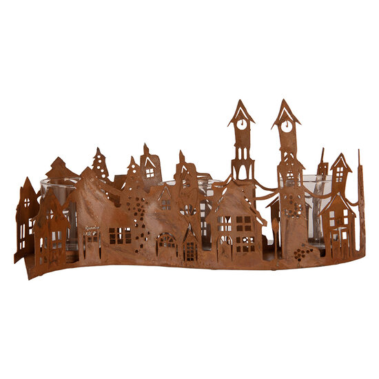 Clayre &amp; Eef | Theelichthouder Kerst Huisjes Bruin 27x12x12 cm | 6Y6096