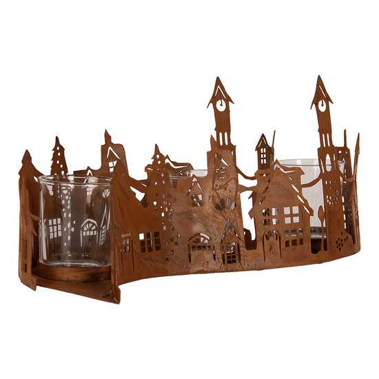 Clayre &amp; Eef | Theelichthouder Kerst Huisjes Bruin 27x12x12 cm | 6Y6096