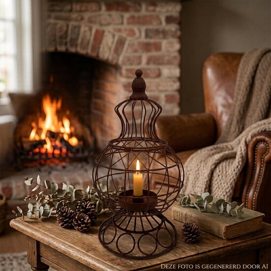 Ornament op voet Rusty Metalen Roest Windlicht - 37 x 22 cm - Stoer &amp; Sober Woonstijl