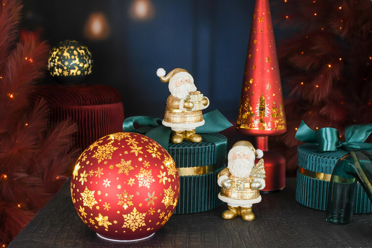 Dekoratief | Deco bol 'Starry Night', rood/goud, glas, roterend, LED, 15x15x15cm | A265966