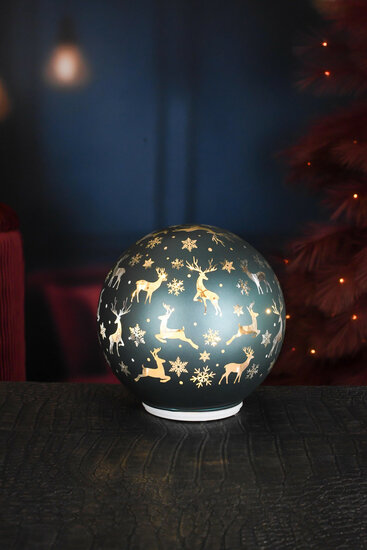 Dekoratief | Deco bol 'Frosty Reindeer', groen, glas, roterend, LED, 15x15x15cm | A265651