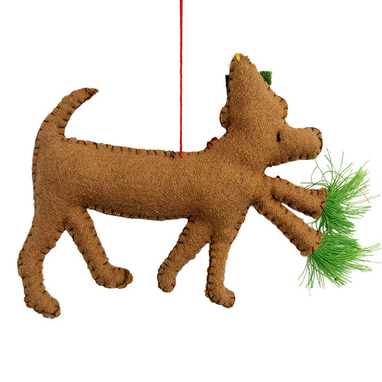 Clayre &amp; Eef | Decoratie hanger Hond vilt Bruin Rood 14x2x11 cm | 66521