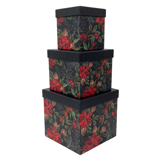 Clayre &amp; Eef | Opbergdoos (3) Zwart Groen 21x21x21 / 18x18x19 / 15x15x18 cm | 67052