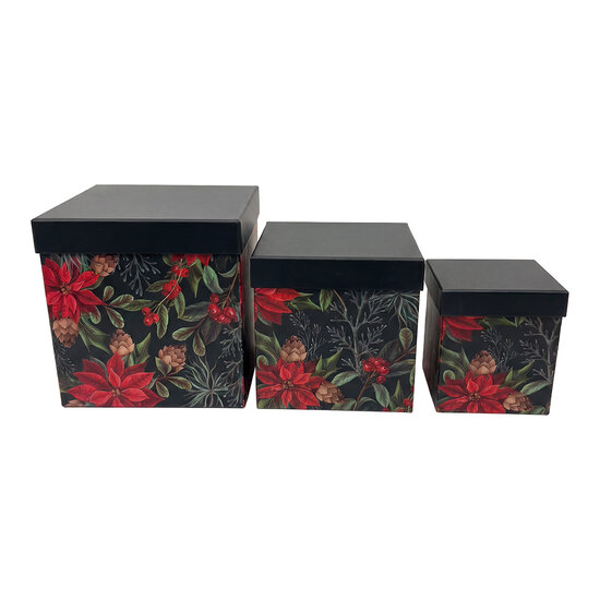 Clayre &amp; Eef | Opbergdoos (3) Zwart Groen 21x21x21 / 18x18x19 / 15x15x18 cm | 67052