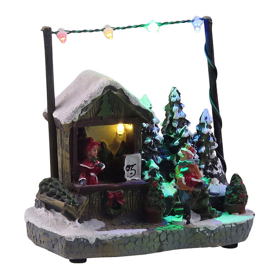 Clayre &amp; Eef | Kerstdecoratie marktkraampje met LED Bruin Wit 14x8x13 cm / 2xAAA | 6PR6511