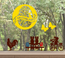 Raamsticker set herbruikbaar vrolijk pasen met kip, vlinders, konijnen op bankje / fiets eieren | Rosami Decoratiestickers 1