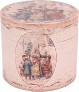 Opbergbox doos rond &Oslash;20 cm Kerstman met kinderen mdf PU leer | 10518811 | Dutch Style