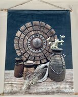 Wandkaart nostalgie op stof oud spinnewiel kruiken / vazen 70 x 80 cm met ophangtouw Wanddoek wandkleed | 65581 | Home Sweet Ho