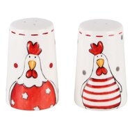 Dekoratief | Duo peper/zout kippen, dolomiet, rood/wit, 5x5x8cm | A210374
