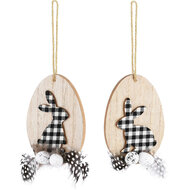 Dekoratief | Hanger m/bunny, naturel/zwart/wit, hout, 12x8x1cm, set van 2 stuks | A220026