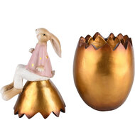 Dekoratief | Bonbonni?re bunny op ei, goud/roze, resina, 10x10x24cm | A220319