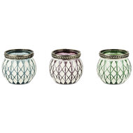 Dekoratief | Theelicht glas bol, groen/blauw/lila, 7x7x6cm, set van 3 stuks | A200070