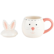 Dekoratief | Mok m/deksel bunny, wit/roze, keramiek, 15x11x16cm | A220410