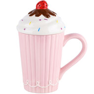 Dekoratief | Mok m/deksel milkshake, wit/roze, keramiek, 13x9x18cm | A220414