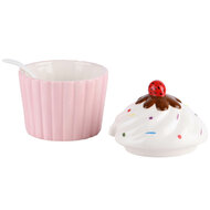 Dekoratief | Suikerpotje m/lepel milkshake, wit/roze, keramiek, 10x10x13cm | A220415
