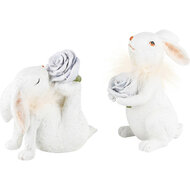Dekoratief | Bunny m/bloem, wit/roze, resina, 6x7x15cm, set van 2 stuks | A220513