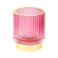 Dekoratief | Theelichtglas geribbeld op voet, roze/goud, 7x7x8cm | A225030