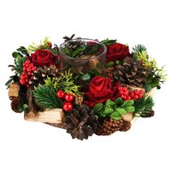 Dekoratief | Tafelstukje rond, groen m/rode rozen, naturel, 24x24x9cm | A225203