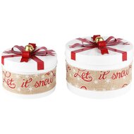 Dekoratief | Set 2 dozen rond &#039;Let it Snow&#039;, wit, metaal/jute, 21x21x13cm | A225737