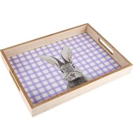 Dekoratief | Dienblad geruit m/bunny, paars/wit, hout, 35x25x5cm | A230634