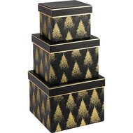 Dekoratief | Set 3 dozen vierkant &#039;Gold Glitter Trees&#039;, zwart/goud, 18x18x14cm | A235594