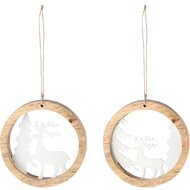 Dekoratief | Hanger rond m/rendier, wit/naturel, metaal/hout, 10x10x2cm, set van 2 stuks | A238282