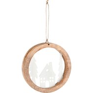 Dekoratief | Hanger rond m/huis, wit/naturel, metaal/hout, 10x10x2cm | A238283