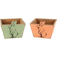 Dekoratief | Bakje m/bunny, groen/peach, hout, 17x17x11cm, set van 2 stuks | A240248