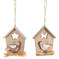 Dekoratief | Hanger huisje m/vogel, hout, 11x13x2cm, set van 2 stuks | A240516