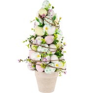 Dekoratief | Kegel vormboom op voet m/eieren, groen/wit/roze, PVC, 15x15x39cm | A240569