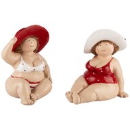 Dekoratief | Stranddame zittend m/hoed, wit/rood, resina, 9x9x12cm, set van 2 stuks | A240728