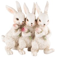 Dekoratief | Trio bunny&#039;s m/bloem staand, roze/wit, resina, 13x5x12cm | A240130