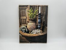 Decoratie bord hout met print Nepalese pot kandelaar &amp; kwarteleitjes 40 x 30 cm touw | Stoer &amp; Sober | 539564 | Home Sweet Home