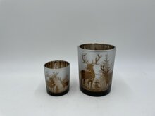 Set van 2 Waxinelichtjes klein groot kerst rendier bos  theelichthouder windlicht glas 12x9/7,5x6 cm rond koper | HSH574523 | Stoer &amp; Sober Woonstijl