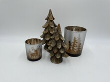 Set van 2 Waxinelichtjes klein groot kerst rendier bos  theelichthouder windlicht glas 12x9/7,5x6 cm rond koper | HSH574523 | Stoer &amp; Sober Woonstijl