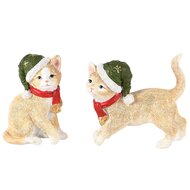 Dekoratief | Poes m/groene kerstmuts, resina, 11x5x9cm, set van 2 stuks | A245173