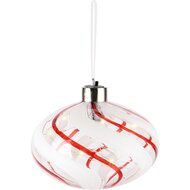 Dekoratief | Hanger bal m/strepen, rood/wit/transparant, glas, LED,12x12x9cm | A245593