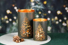 Dekoratief | Set 2 Waxinelichthouders &#039;Pine Tree&#039;, groen/goud, metaal, 13x13x20cm | A248127