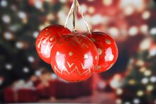 Dekoratief | Hanger bal m/bollen, rood/goud, karton, 7x7x7cm, set van 3 stuks | A248193