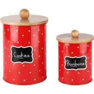 Dekoratief | Set 2 bewaarpotten &#039;Cookies&#039;, rood, hout/metaal, 16x16x18cm | A248221