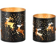 Dekoratief | Set 2 theelichthouders &#039;Hopping Deer&#039;, zwart/goud, metaal, 11x11x13cm | A248457