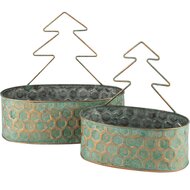 Dekoratief | Set 2 bakjes m/kerstboom, groen, metaal, 26x14x9cm | A240769