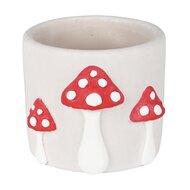 Dekoratief | Bloempot m/paddenstoelen, wit/rood, cement, 12x11x10cm | A235088