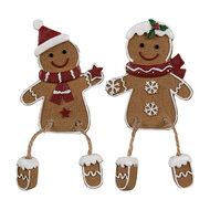 Clayre &amp; Eef | Decoratie peperkoekpoppenset van 2 Bruin Wit 7x2x9 cm | 6PR4196