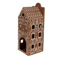 Clayre &amp; Eef | Theelichthouder Kerst Huisje Bruin Wit 7x7x19 cm | 6CE1747