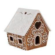 Clayre &amp; Eef | Theelichthouder Kerst Huisje Bruin Wit 9x7x8 cm | 6CE1743