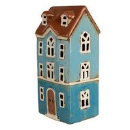 Clayre &amp; Eef | Theelichthouder Kerst Huisje Blauw Bruin 11x9x22 cm | 6CE1915